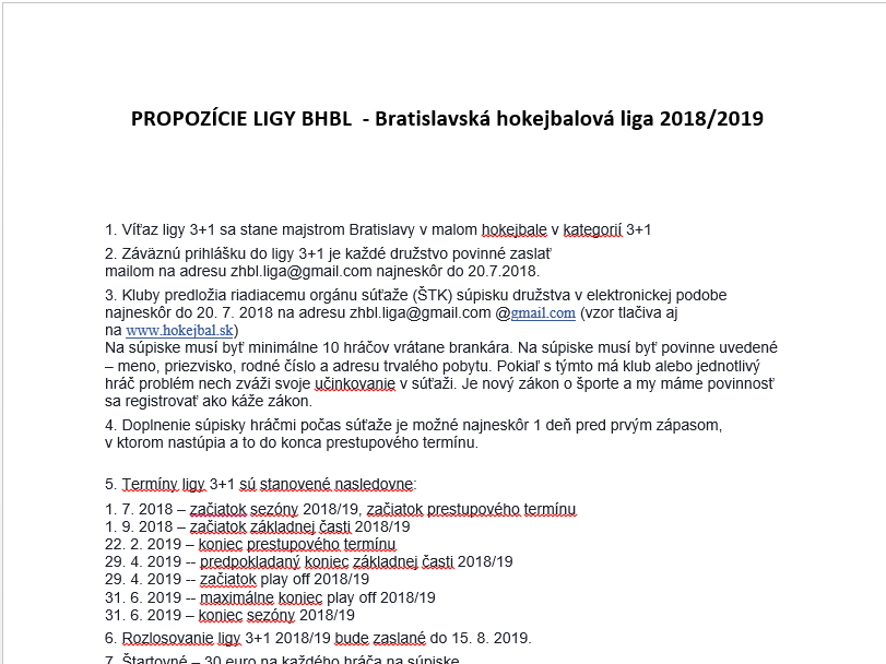 Hokejbalové dokumenty - HOKEJBAL PROPOZÍCIE LIGY BHBL 2018/2019